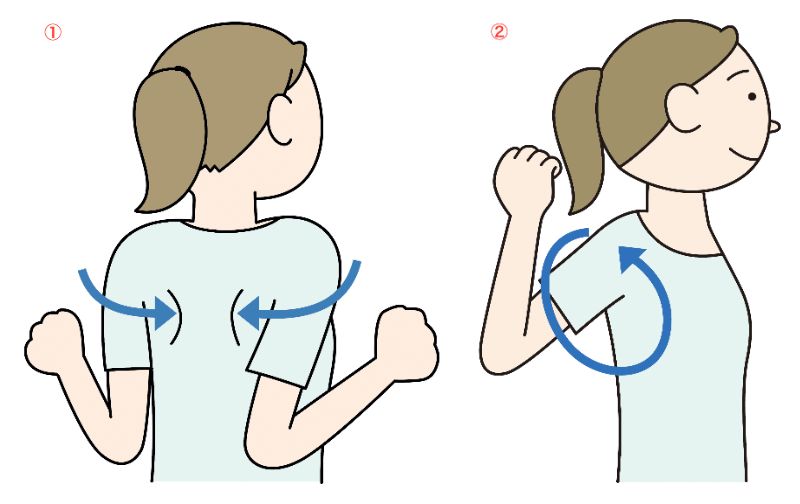 首コリにおすすめのマッサージ①肩を後ろに引き、肩甲骨を背骨に向かってグイッと寄せます。②その状態からゆっくりと両肩を上げて５〜６回肩を回します。