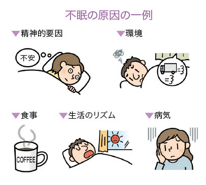 不眠の原因の一例（精神的要因・環境・食事・生活リズム・病気）