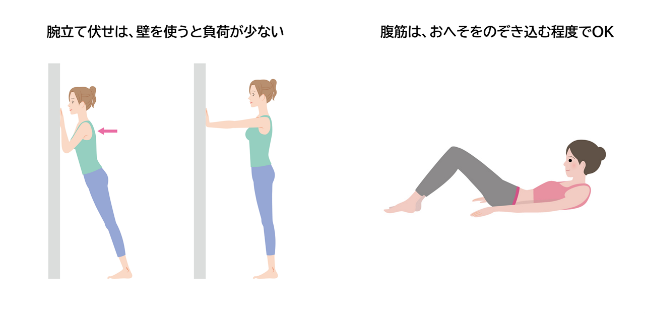 腕立て伏せは、壁を使うと負荷が少ない。腹筋は、おへそをのぞき込む程度でOK。