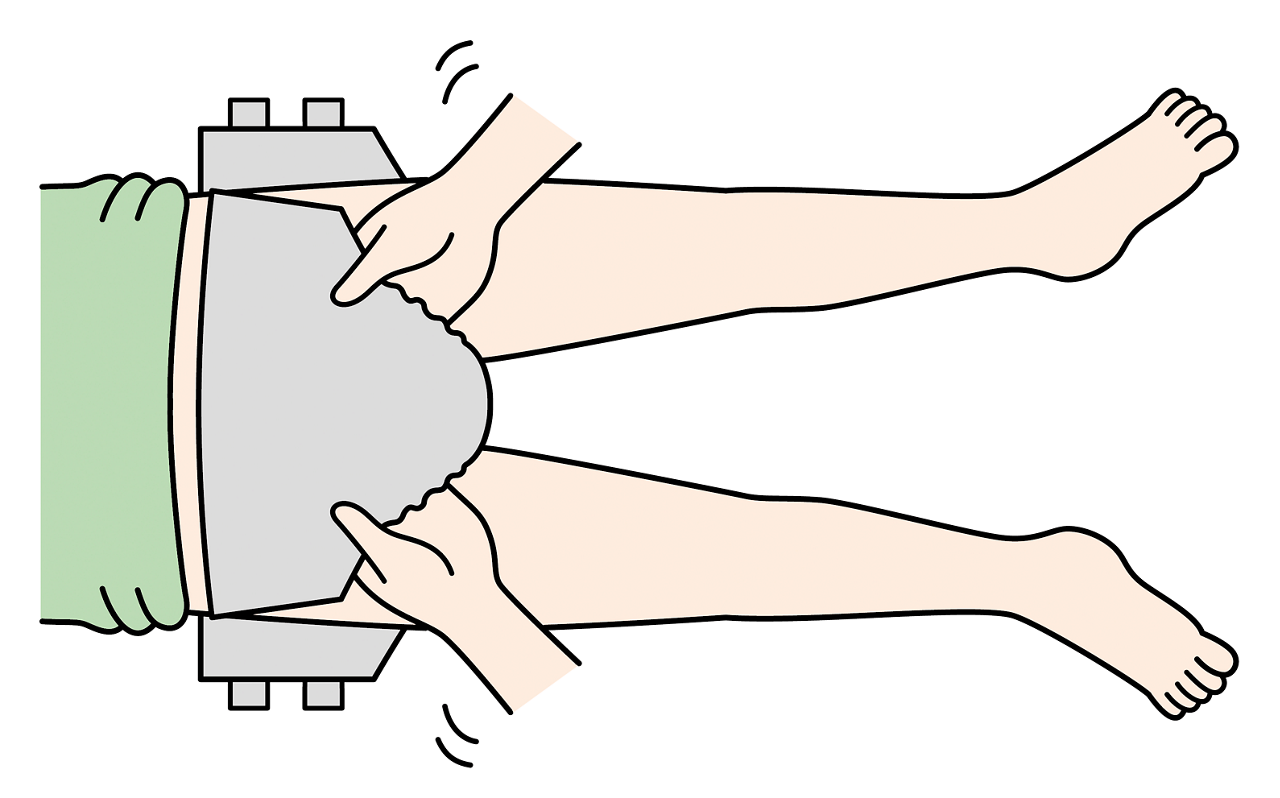 あおむけの姿勢に戻し、新しいおむつのテープを止めるイラスト