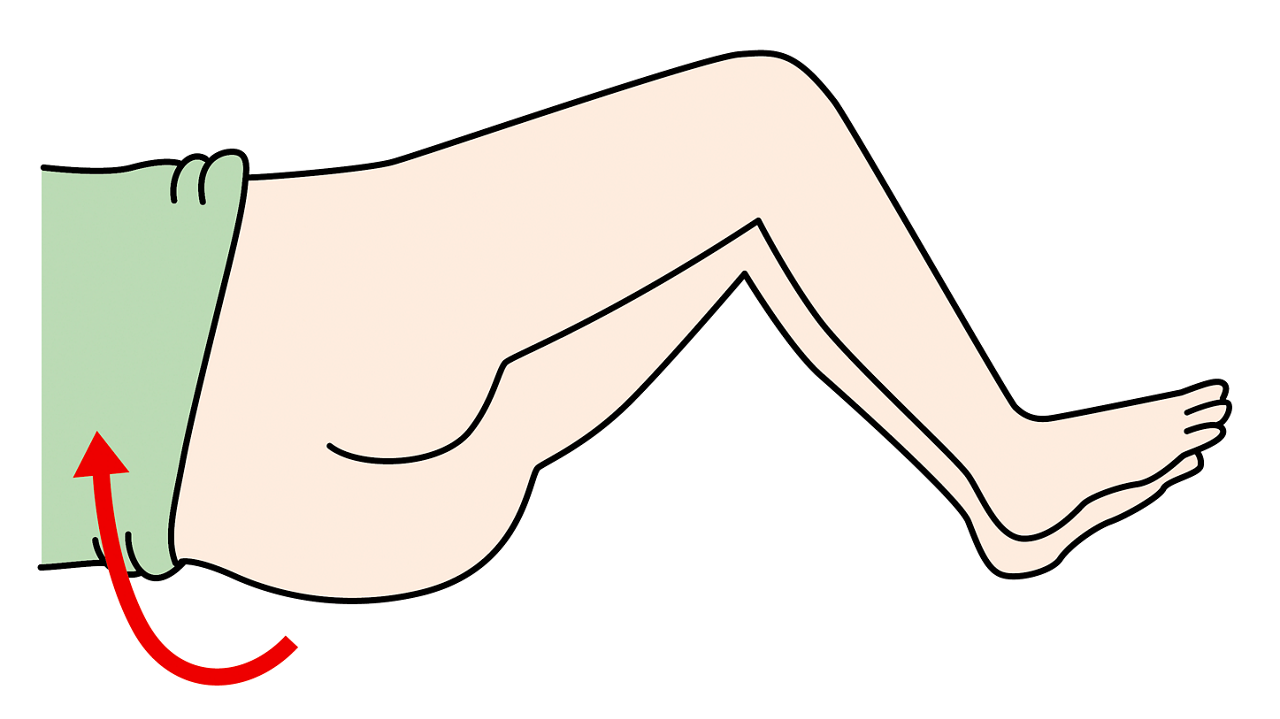 肩と腰に手を添えて、背を向けた横向きに寝返りをさせ、お尻周りを拭いて汚れたパッドを抜き取るイラスト