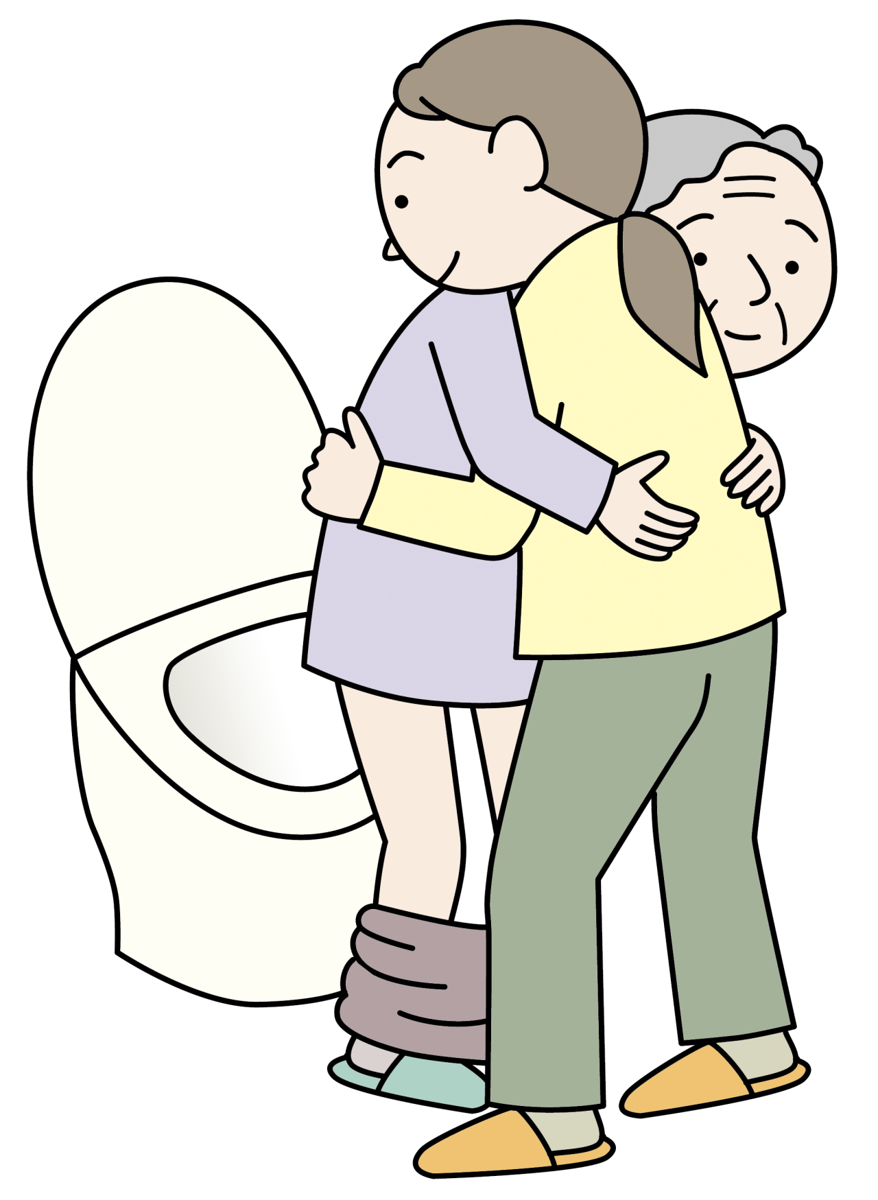 便座に腰掛けるときは、手すりにつかまる、または介護する方の肩に両手を回してもらい、そのまま腰を支え、ゆっくりと便座に腰掛けてもらうイメージ画像