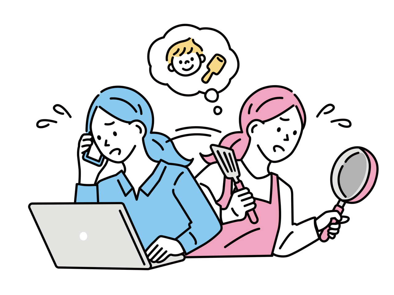 30～40代の女性で仕事での責任が増したり、結婚・出産など人生の転換期を迎えて、公私共に忙しさや負担を感じる人のイメージイラスト