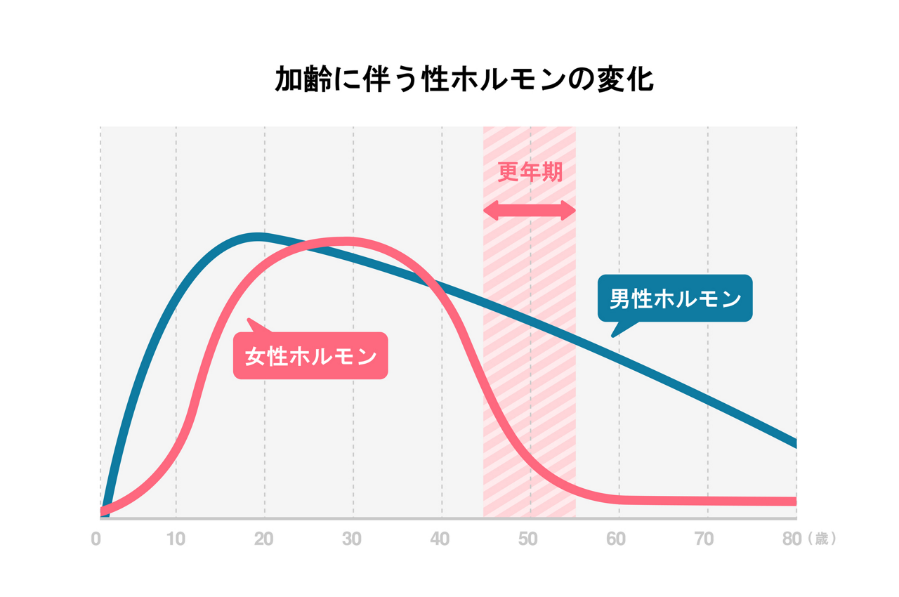 加齢に伴う性ホルモンの変化のグラフ。男性ホルモン（テストステロン）は10代後半をピークに徐々に減少する。
