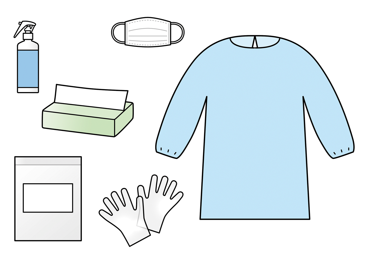 感染者のふん便や嘔吐物の処理をするときには、使い捨てのエプロン、マスク、手袋、ペーパータオル、消毒液、ビニール袋を用意するイメージイラスト
