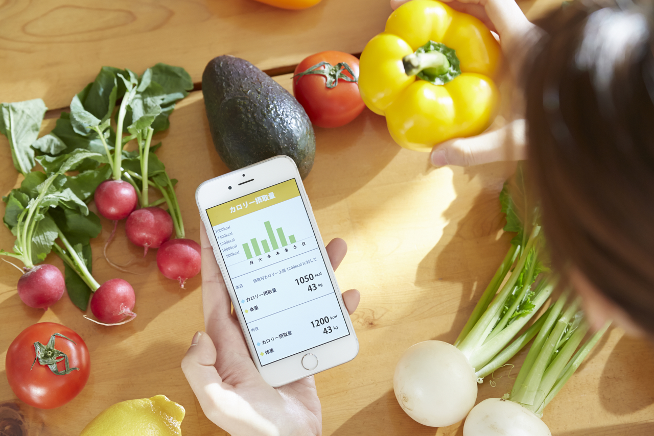 食事管理アプリを使って、目標とするエネルギー摂取量に合わせて1日3食のモデルケースをつくるイメージ画像