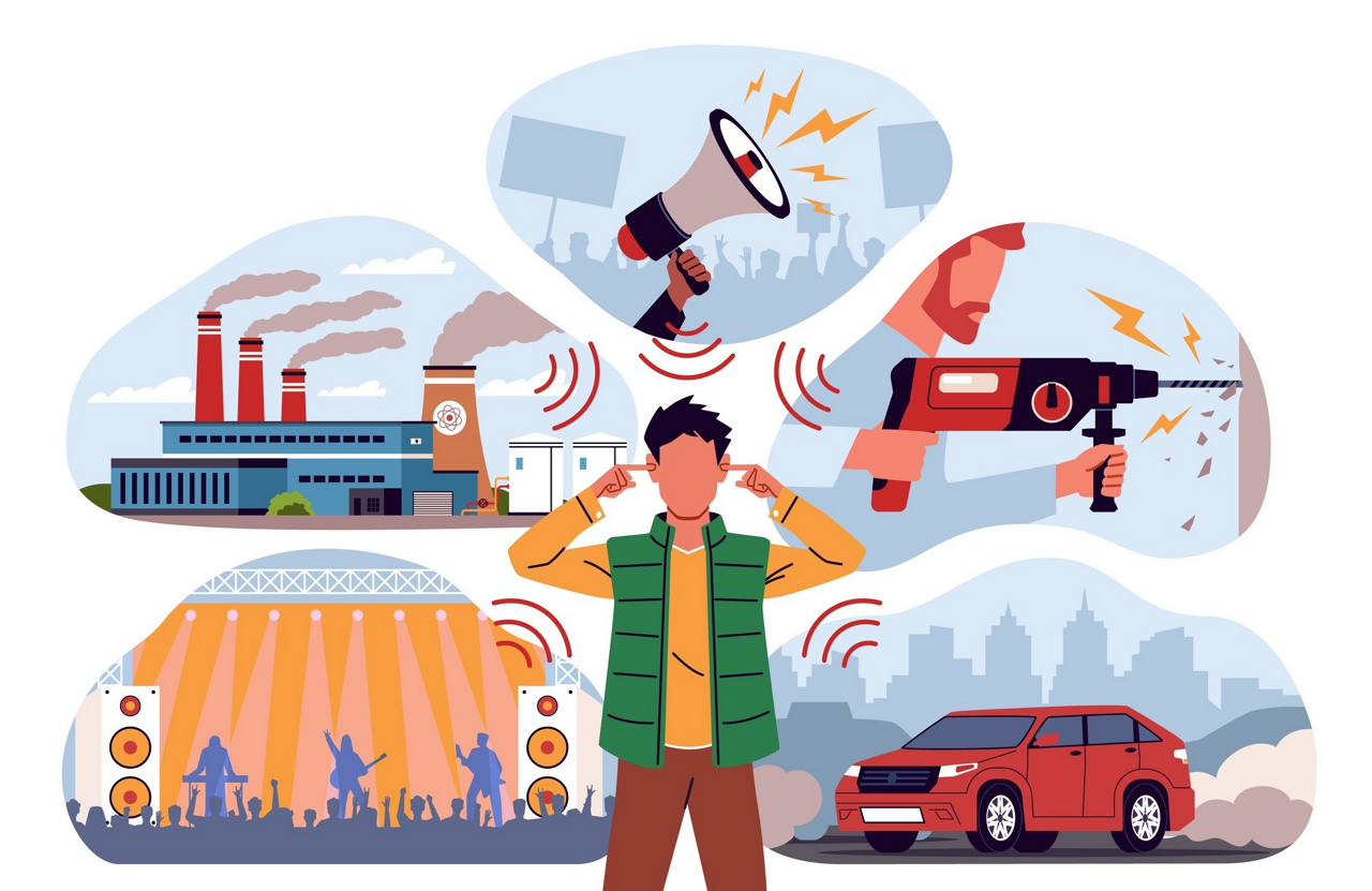 コンサート会場や、汽笛、拡声器、ドリルの音、車の騒音などのイメージイラスト。加齢性難聴は、過去の騒音ばく露など複数の要素が影響する。