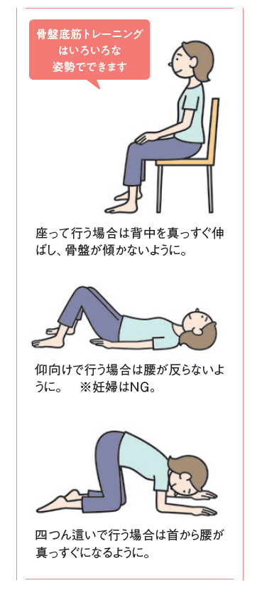 骨盤底筋トレーニングはいろいろな姿勢でできます