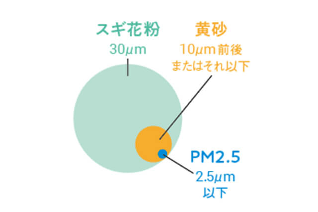 花粉、黄砂、PM2.5の大きさ