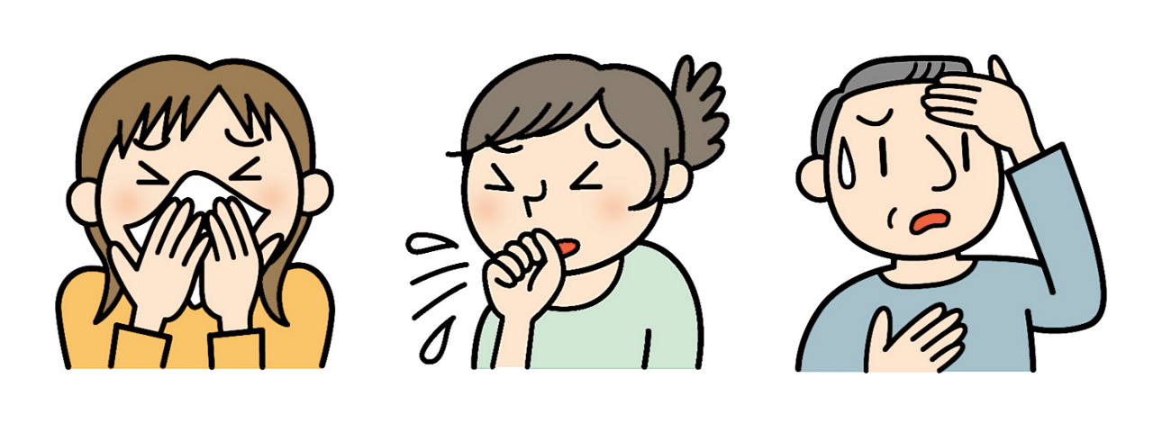 風邪の主な症状の、鼻水、くしゃみ、発熱のイラスト。