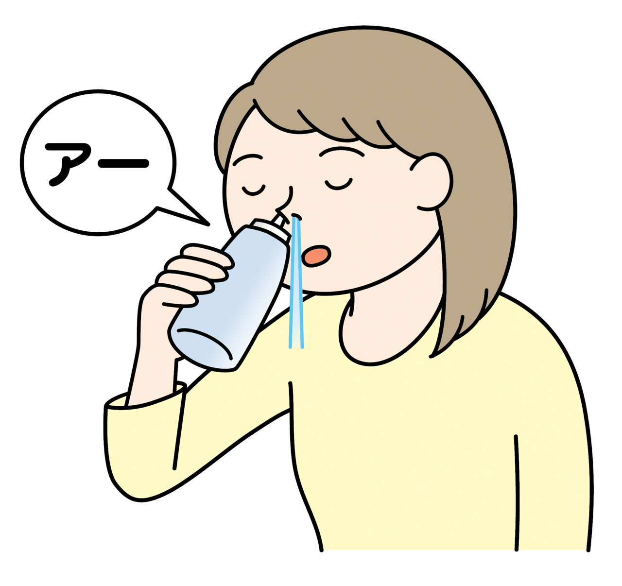 鼻うがいのやり方。専用液か0.9％生理食塩水を、市販の鼻うがい専用容器や、長い管状の注ぎ口のついたボトル容器に入れ、前かがみになり、容器の先を片方の鼻の穴に当てて手で押し、「アー」と声を出しながら注ぐ。