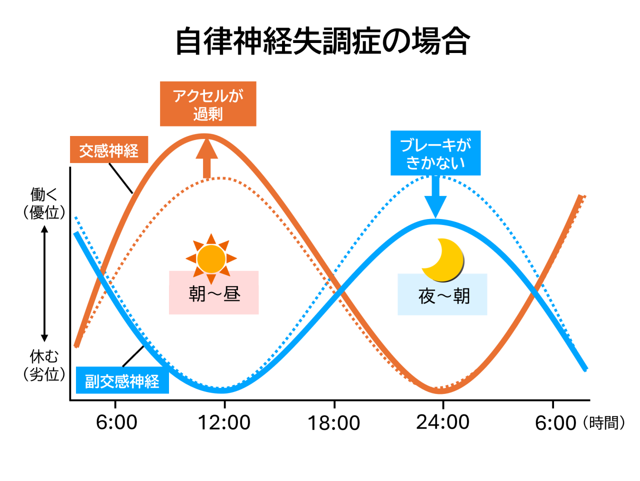 自律神経失調症の場合の自律神経のリズムは、交感神経が強くなり、副交感神経が弱くなるようになる。