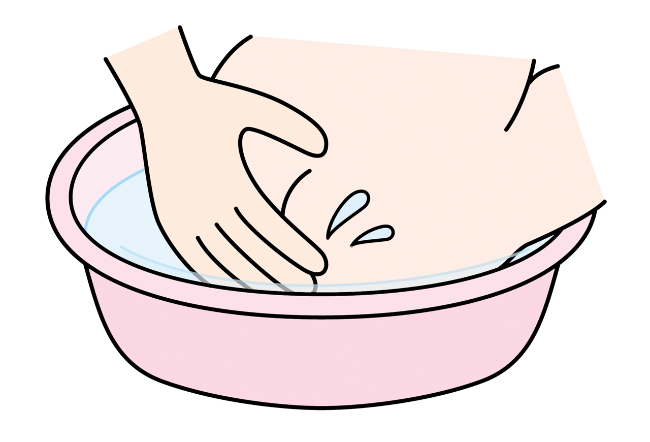 汚れたお尻を拭く時は、ぬるま湯を入れた洗面器に座らせて、お尻を浸して洗ったり（座浴）するイメージイラスト