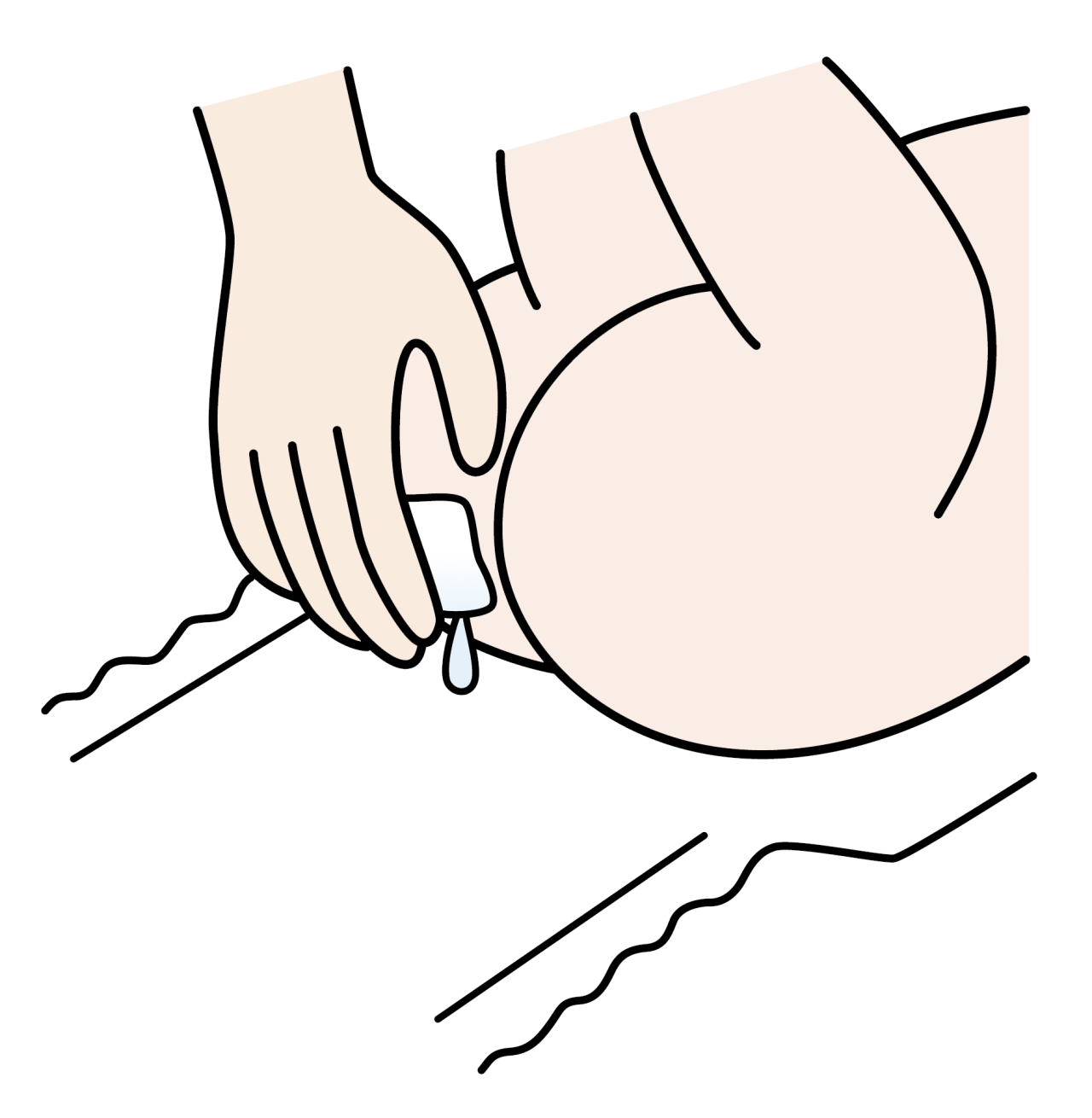 汚れたお尻を拭く時は、水がしたたるほどに濡らしたティッシュか柔らかいガーゼ、またはオリーブ油に浸した柔らかいコットンなどで、こすらないように丁寧に拭き取るイメージイラスト