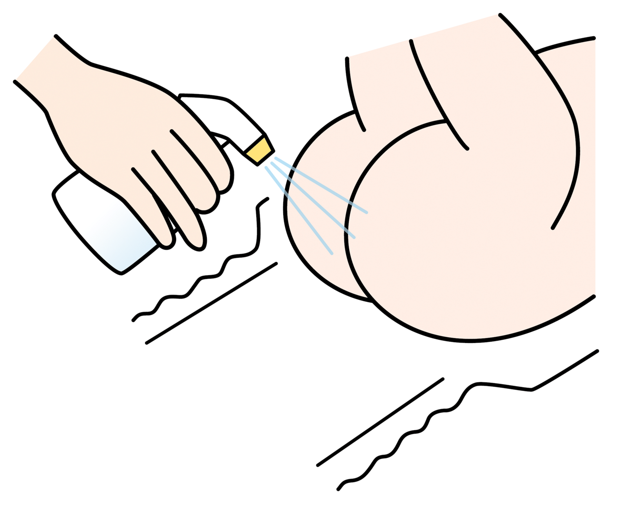 汚れたお尻を拭く時は、霧吹きやシャワーボトルにぬるま湯を入れ、おむつ替えの時に開いた古いおむつの上で、さっと洗い流すイメージイラスト