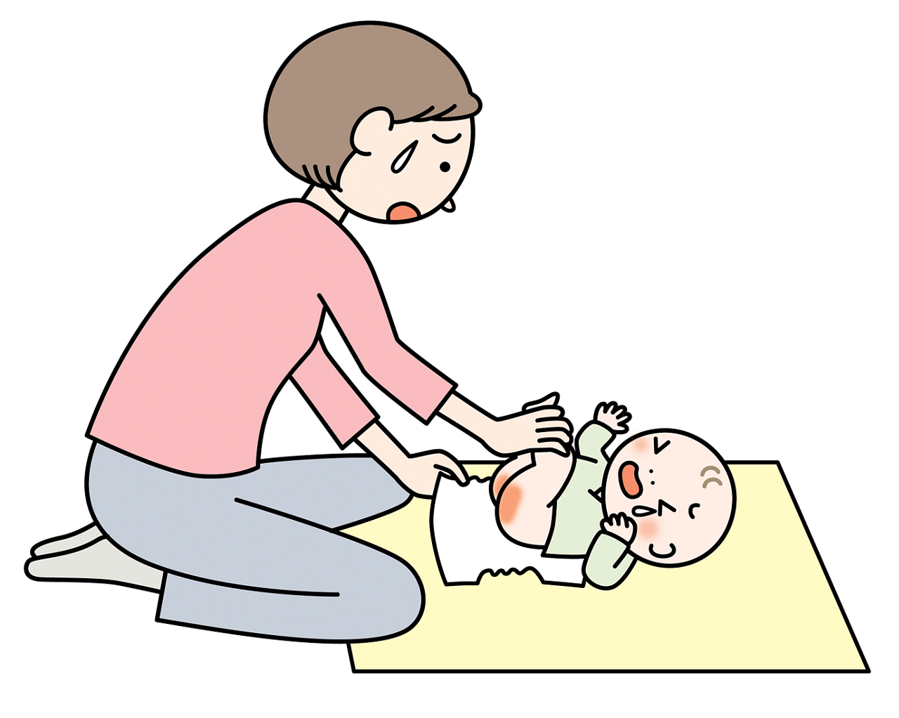 おむつかぶれに驚く母親と痛くて泣いている赤ちゃんのイメージイラスト