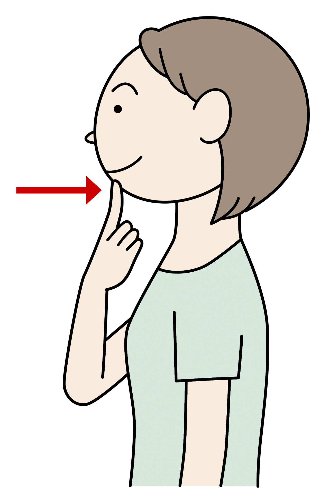 おすすめの首のストレッチのイラスト。正面を向き、あごに人差し指を当て、あごを上や下に向けることなく、指に力を入れて後頭部の方向に真っすぐ押す。