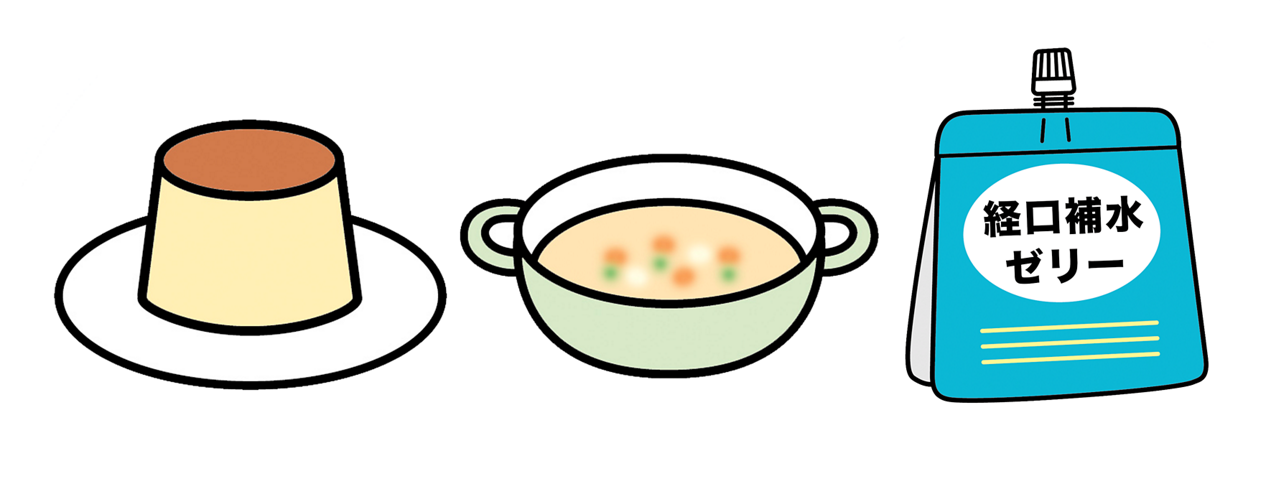 かむと痛むため、かまずに飲み込めるプリン、ゼリー、おかゆ、ポタージュなど、軟らかくのど越しのよい物を中心に。