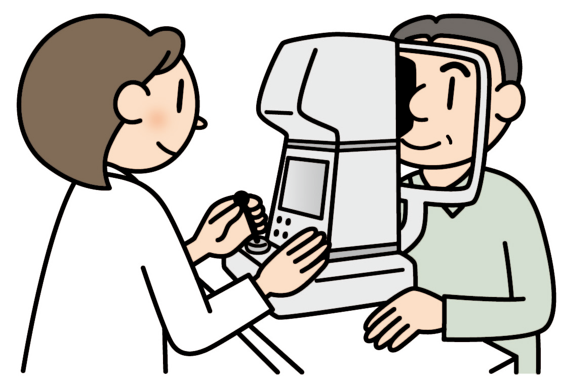 オートレフラクトメーターで視力検査をする男性のイメージイラスト