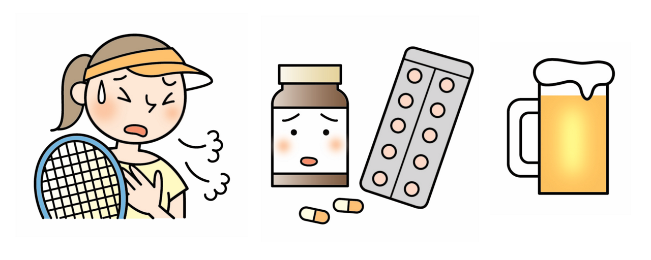運動誘発ぜんそく、解熱鎮痛剤誘発ぜんそく、アルコール誘発ぜんそくを引き起こすアレルゲンのイメージイラスト