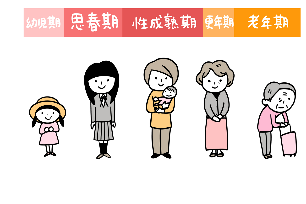ライフステージ（幼児期・思春期・性成熟期・更年期・老年期）のイメージイラスト