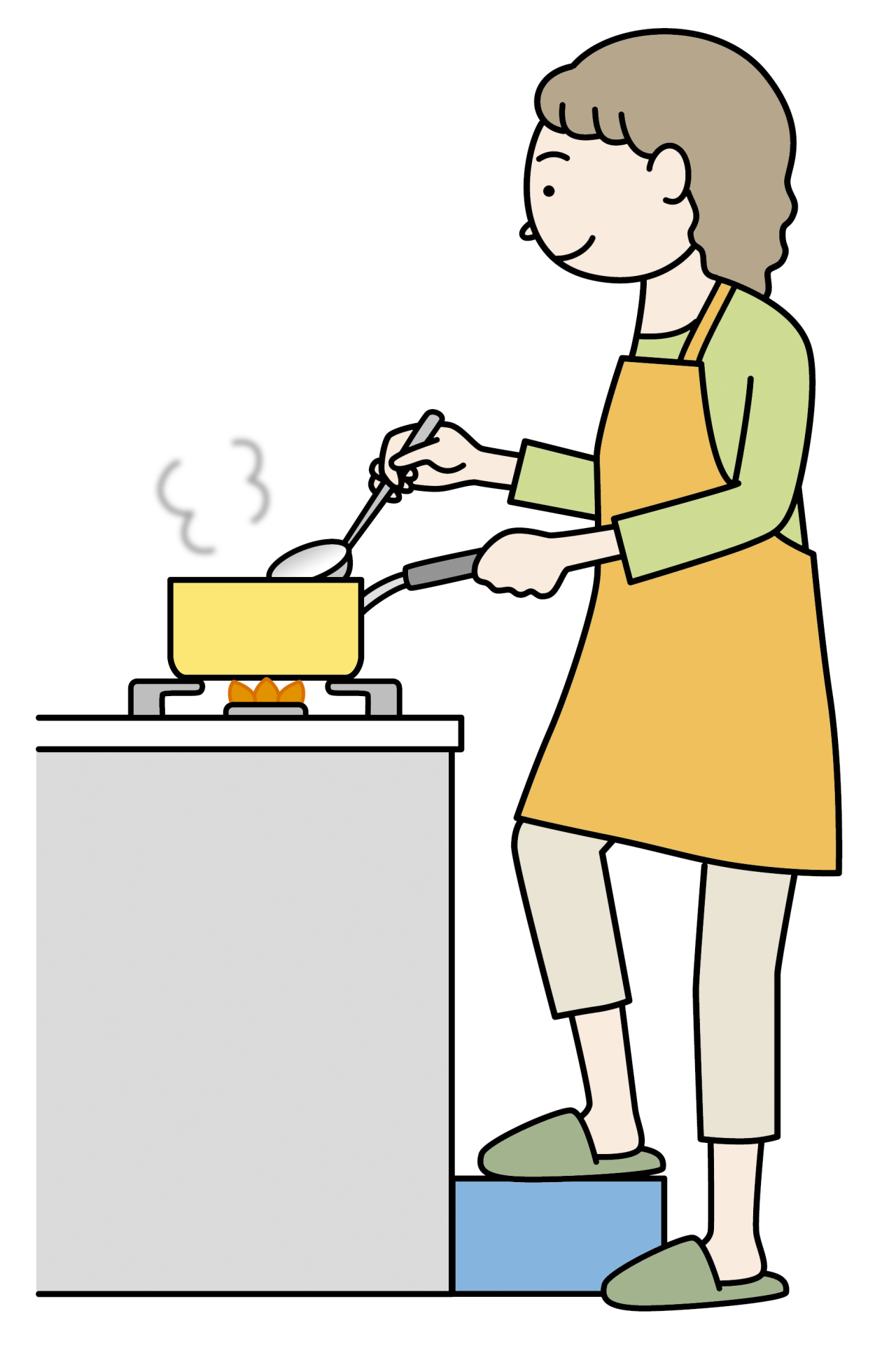 料理などの立ち仕事は、片足を台にのせて行うと神経が緩み、腰痛緩和に有効。