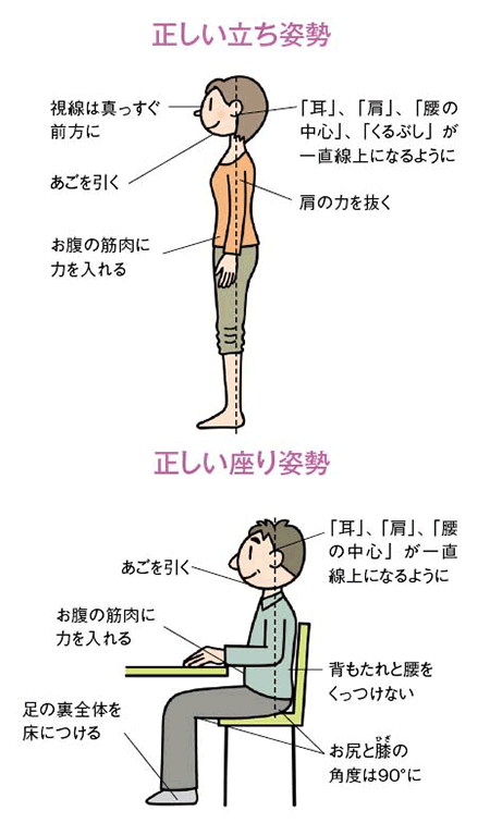 正しい立ち姿勢は、視線はまっすぐ前方に、あごは引いて肩の力を抜き、お腹の筋肉に力を入れ、「耳」「肩」「腰の中心」「くるぶし」が一直線上になるように立つ。正しい座り姿勢は、あごは引いてお腹の筋肉に力を入れ、背もたれに腰をつけないようにし、お尻とひざの角度は90度にして足の裏全体を床につけ、「耳」「肩」「腰の中心」が一直線上になるようにする。