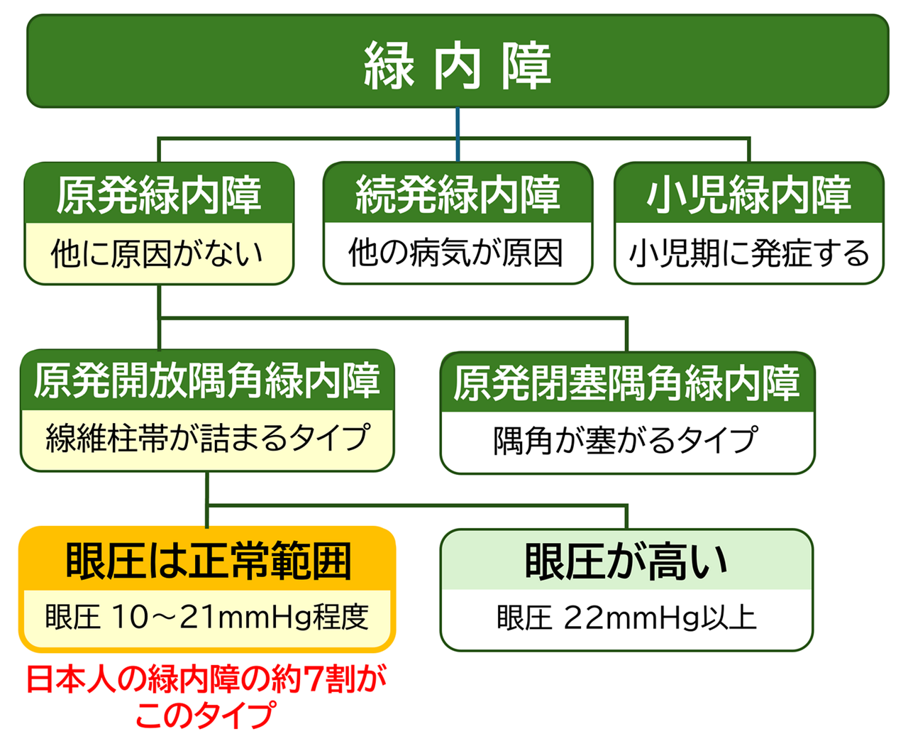 緑内障の種類。原発緑内障・続発緑内障・小児緑内障の分類を示す図。日本人の緑内障の約7割が、ほかに原因がない「原発緑内障」で、線維柱体が詰まる「原発開放隅角緑内障」の眼圧が正常範囲のタイプである。