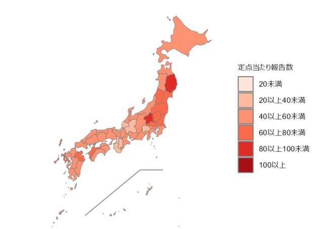 「当該週における都道府県別ARI(急性呼吸器感染症)の定点当たりの報告数」から、都道府県別の風邪の流行状況を把握できる。