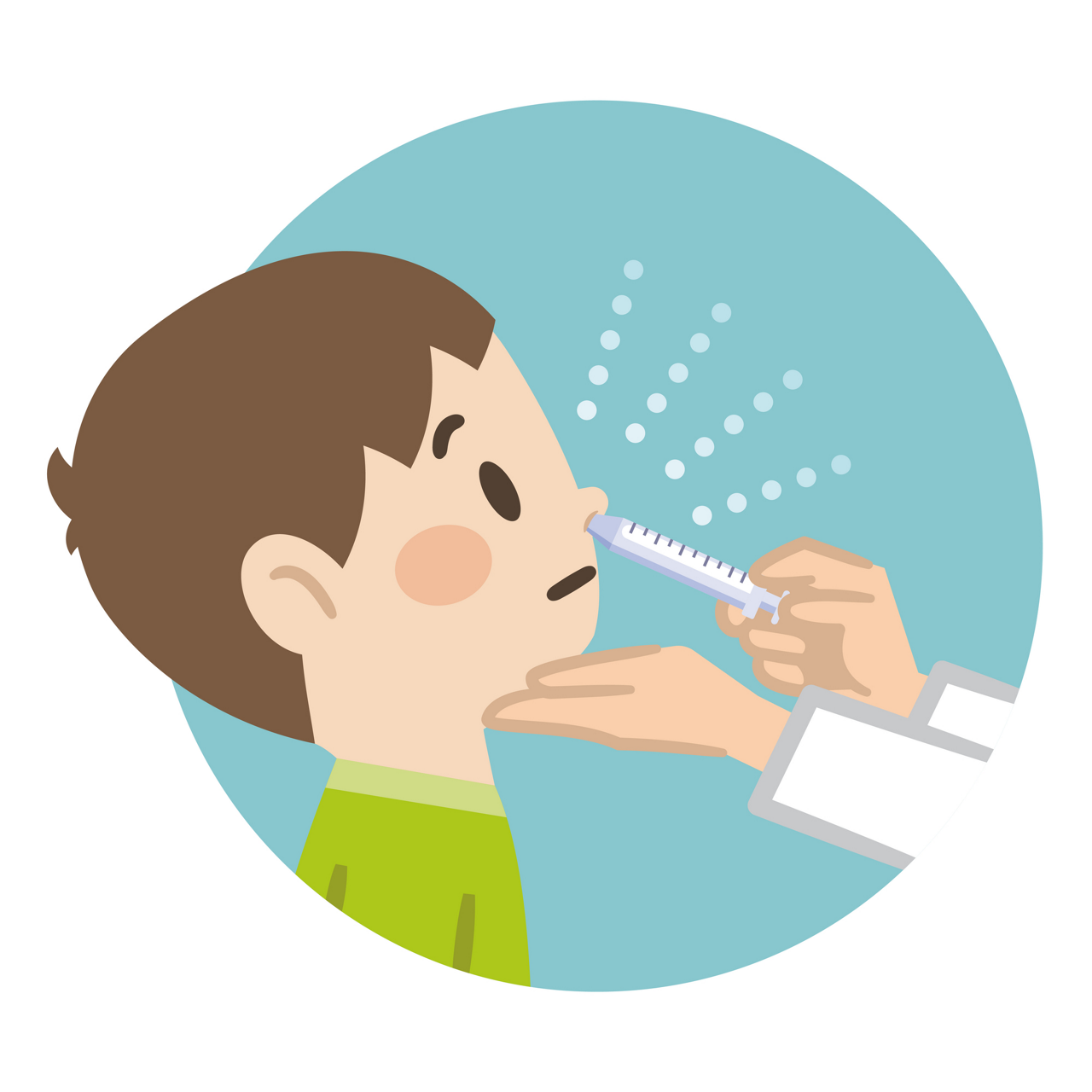 インフルエンザの予防ワクチンで、鼻の中に噴霧するタイプの生ワクチンのイメージイラスト