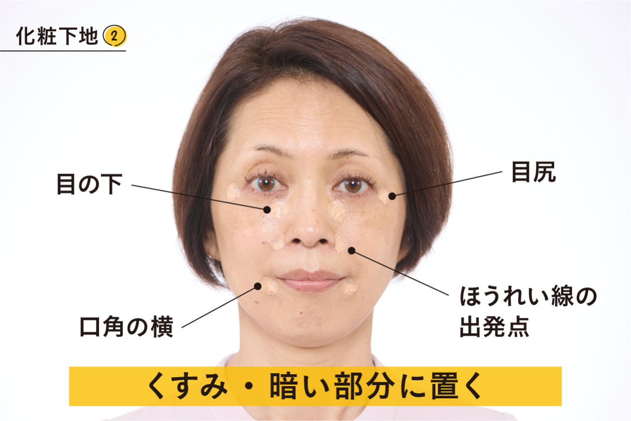 化粧下地②くすみやすく、暗く影になりやすい部分（目の下、目尻、ほうれい線の出発点、口角の横など）に置いていく。