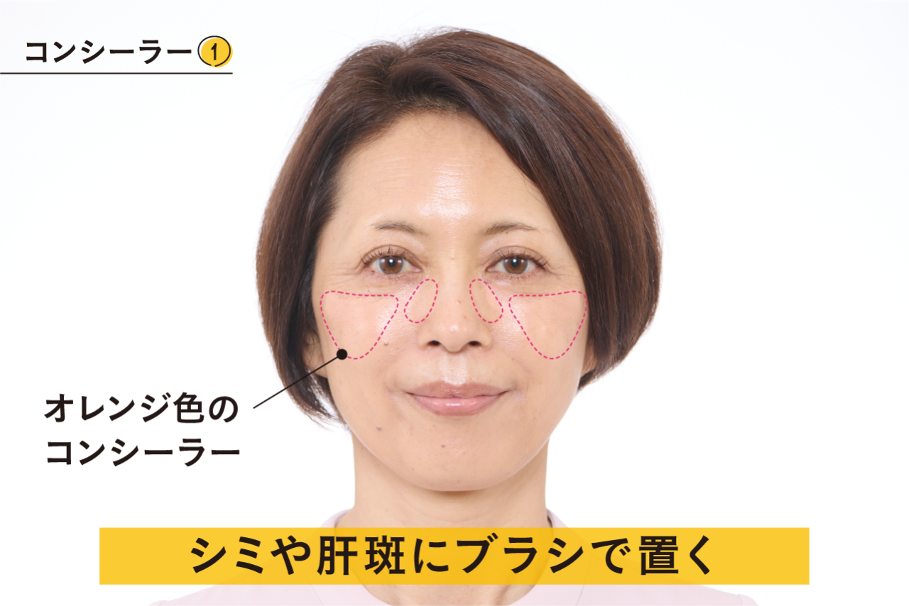 コンシーラー➀コンシーラーをブラシに取り、クマやシミ、肝斑などが気になる部分に置く。