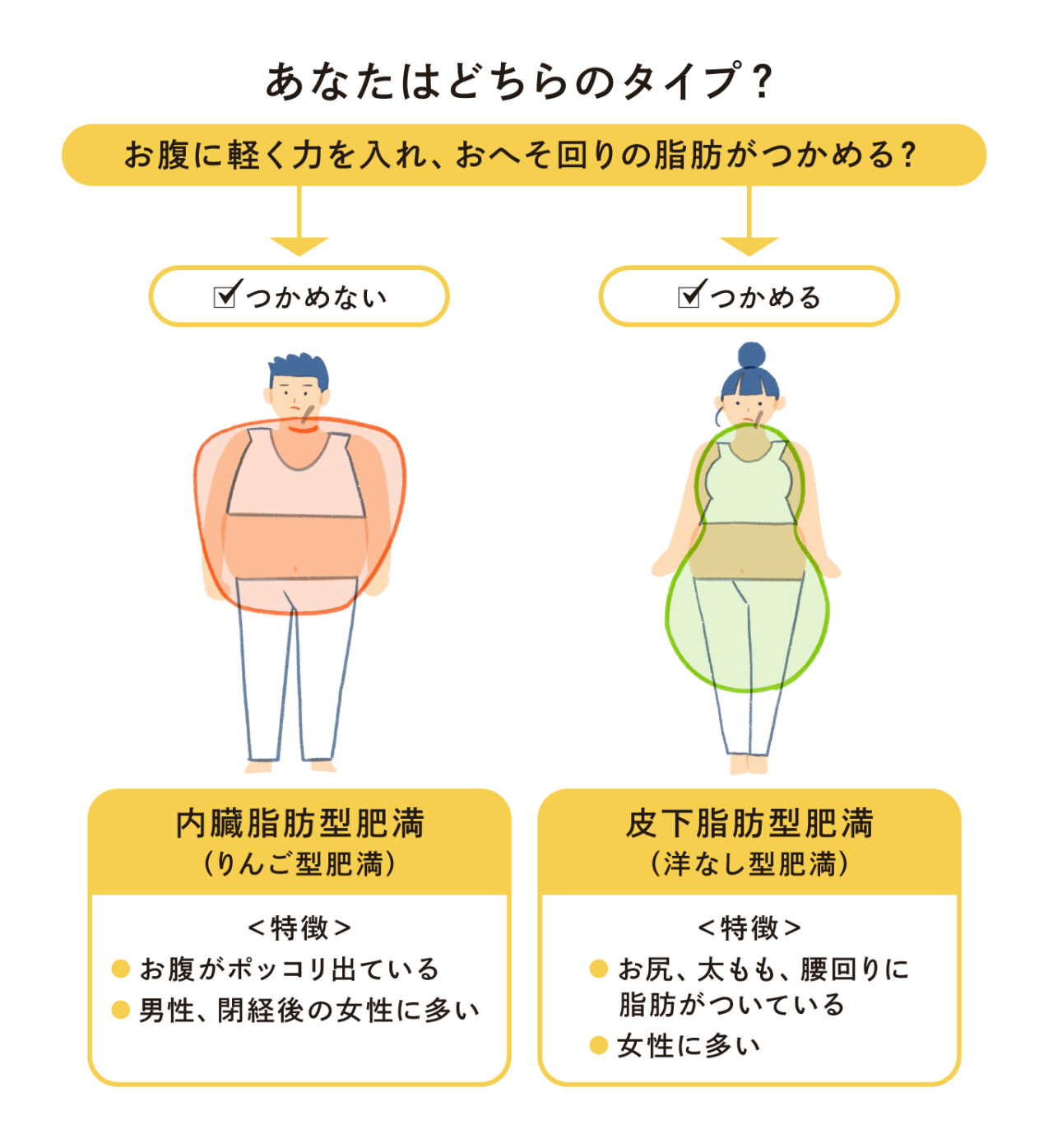 内臓脂肪型肥満と 皮下脂肪型肥満を説明するイラスト。あなたはどちらのタイプ？お腹に軽く力を入れ、おへそ周りの脂肪がつかめるかチェック。つかめないなら内臓脂肪型肥満（リンゴ型肥満）、つかめるなら皮下脂肪型肥満（洋ナシ型肥満）となります。内臓脂肪型肥満の特徴は、お腹がポッコリ出ている、男性・閉経後の女性に多い。皮下脂肪型肥満の特徴は、お尻、太もも、腰回りに脂肪がついている、女性に多い。